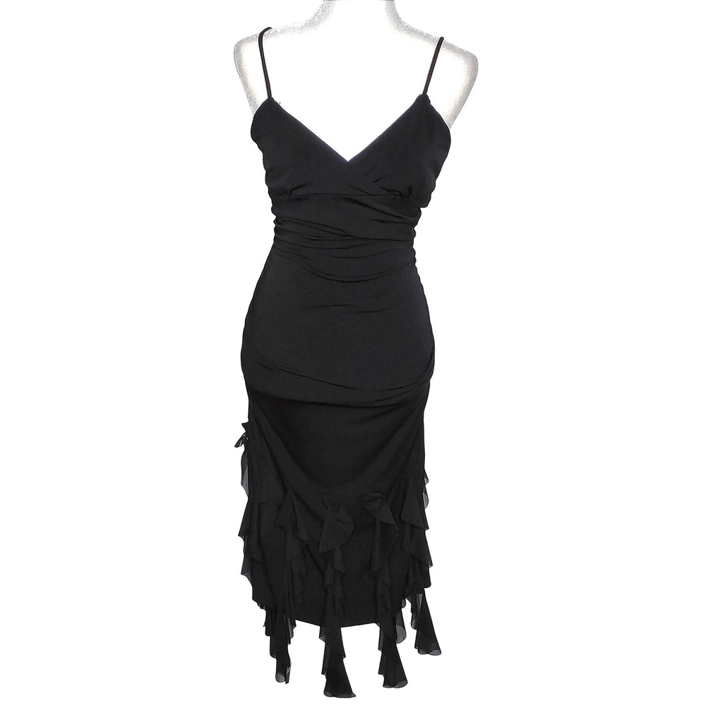 Y2K Nikki Mac Cocktail Dress Womens Small FLAWS Black Ruffle Hem Ruched Bodycon